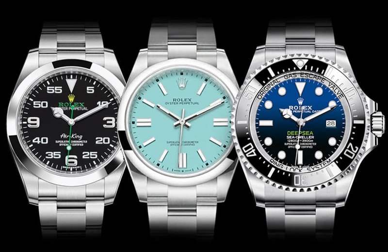 2022年停產的3款勞力士手表:Rolex Air-King(左)、Rolex Oyster Perpetual綠松石面(中)、Rolex Deepsea(右)(世界腕表官網) 3款勞力士停產熱門手表風光不再OP綠松石面行情急跌近半-復刻表