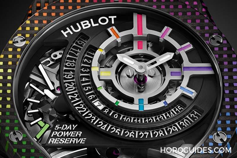 HUBLOT - 為碳纖維表殼編織出彩虹色調(diào)：HUBLOT MP-09雙軸陀飛輪5天動力儲存腕表