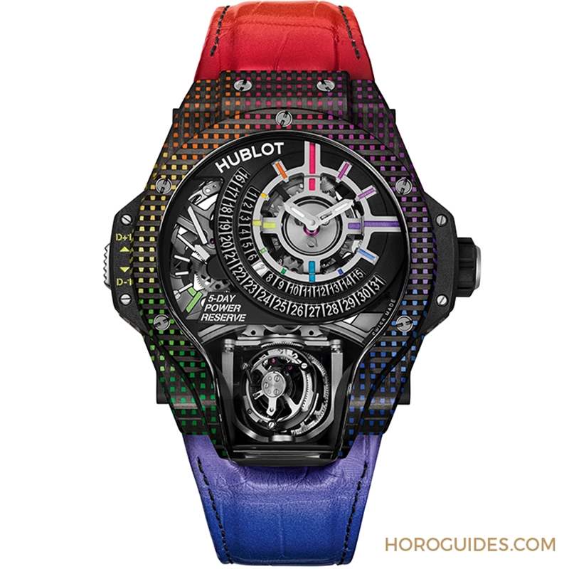 HUBLOT - 為碳纖維表殼編織出彩虹色調(diào)：HUBLOT MP-09雙軸陀飛輪5天動力儲存腕表
