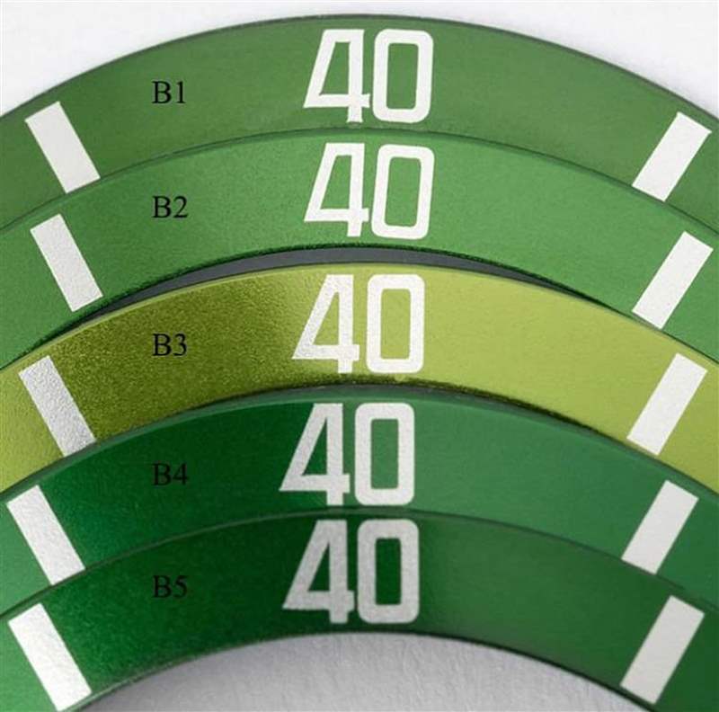 網路上有人整理出16610LV不同版本的綠色表圈，同時也包含尖頭4與平頭4的變化。 （Watchcharts）