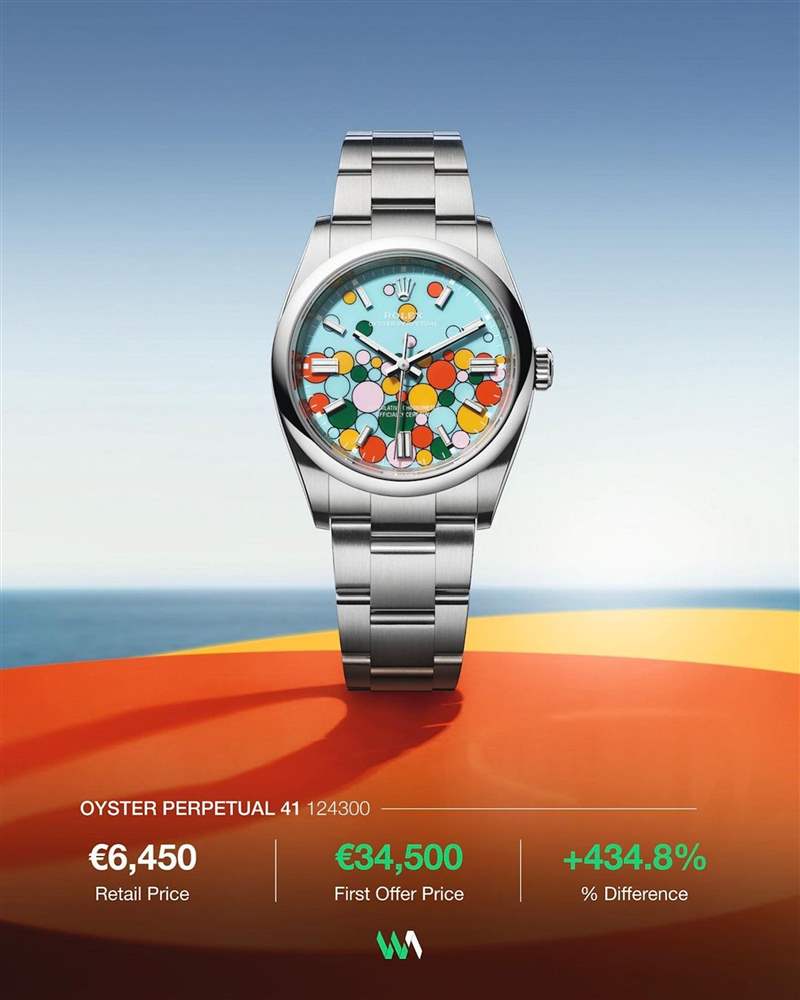 彩色氣泡面OP 124300最近剛剛進入到二級市場，由于貨量還非常少，導致手表行情狂飆，目前第一波報價高達34,500歐羅，溢價率超過430%。 （IG@watchanalytics）